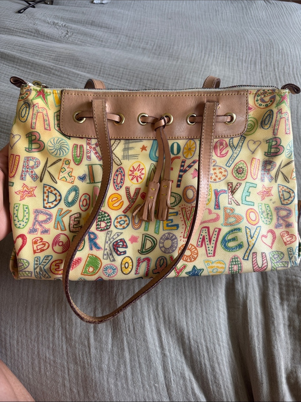 Y2K dooney and bourke Multicolor Canvas Tote with Tassel Drawstring